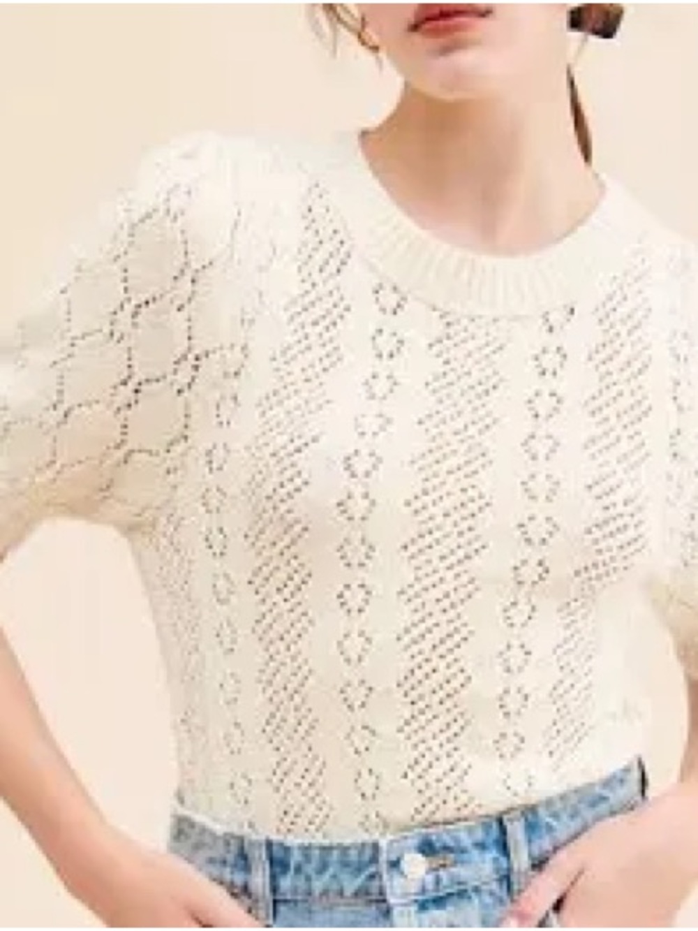 Free People Cream Open-Knit Crewneck Sweater